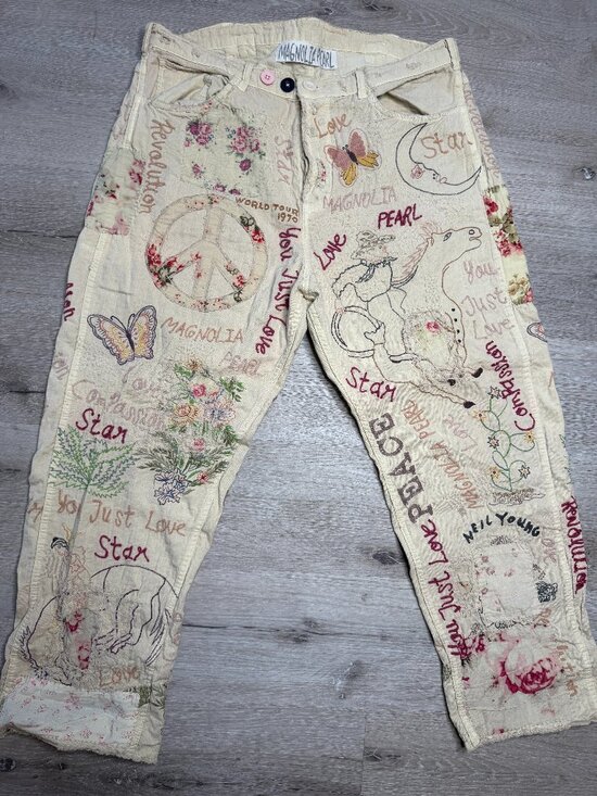 Magnolia Pearl Denim - Magnolia Pearl You Just Love Miner Denims Rare Embroidered Patchwork Peace Love